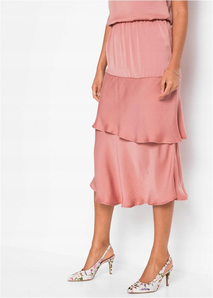 SPÓDNICA SATYNOWA Z ASYMETRYCZNYMI FALBANAMI RÓŻ 3I2H11 Bonprix 40