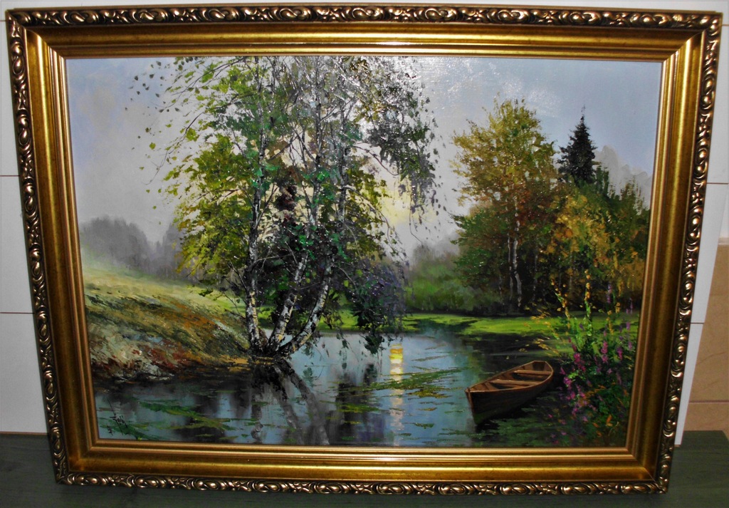 Jacek łącki Zachód nad żabim stawem Olej 80 x60 cm