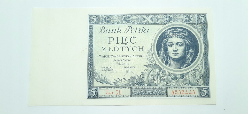 Banknot II RP 5 zł 1930 rok SERIA: CU - PIĘKNY