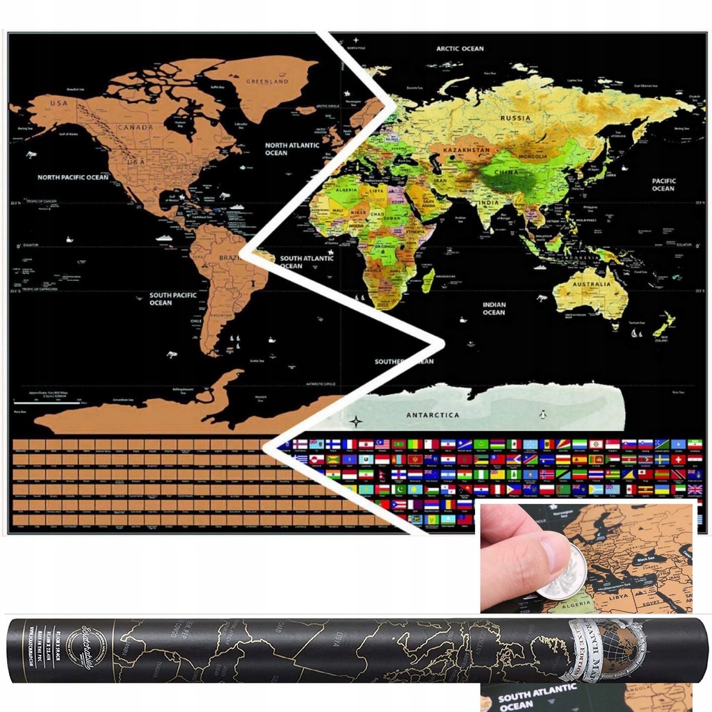 MAPA ŚWIATA ZDRAPKA Z FLAGAMI MAPA NA ŚCIANĘ PODRÓŻNIKA