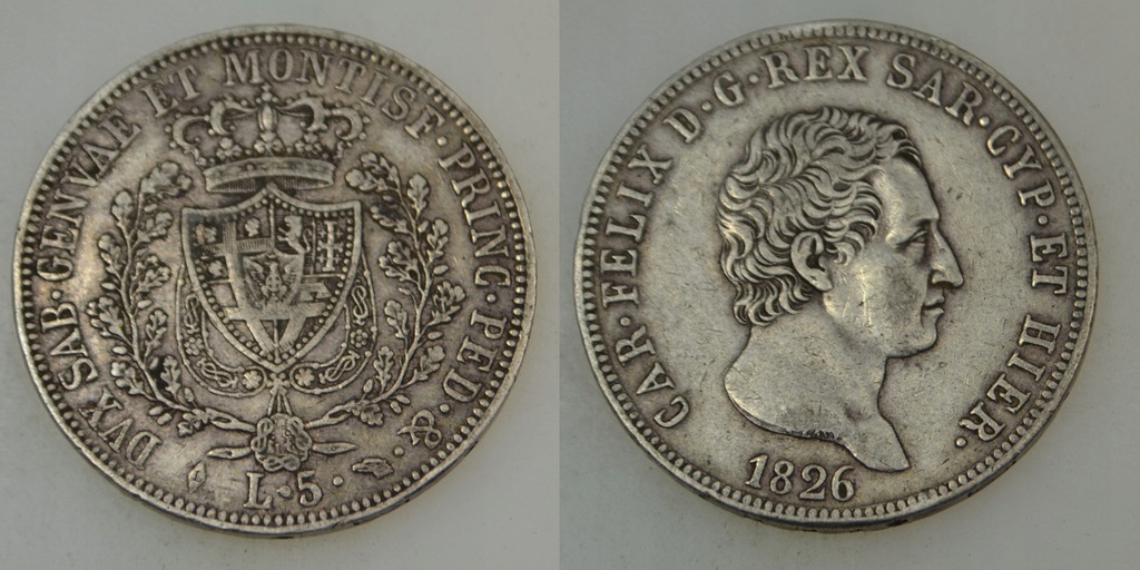 Włochy - Sardynia - srebro - 5 Lira 1826 rok L - Turyn
