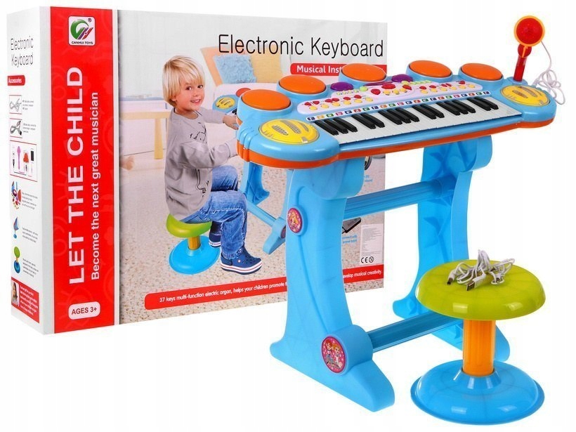 Niebieski zestaw muzyczny Keyboard + Werble + Mikr