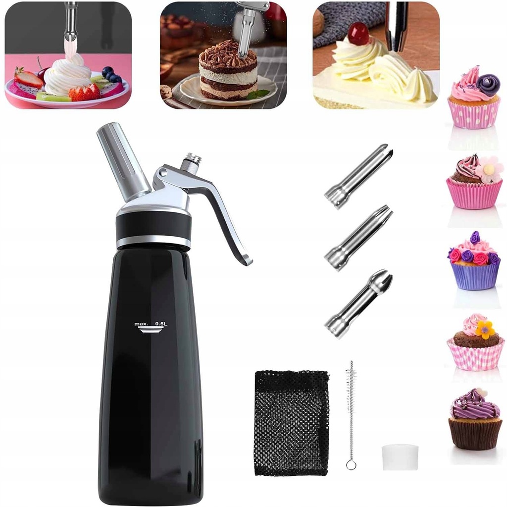 SYFON DO BITEJ ŚMIETANY aluminium POJ.0,5 L Z 3 DYSZAMI