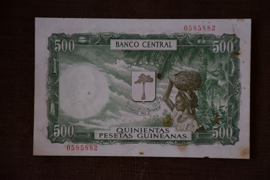 Banknot Gwinea Równikowa 500 peset 1969 przebitka na1000 bipkwele 1980 !!!