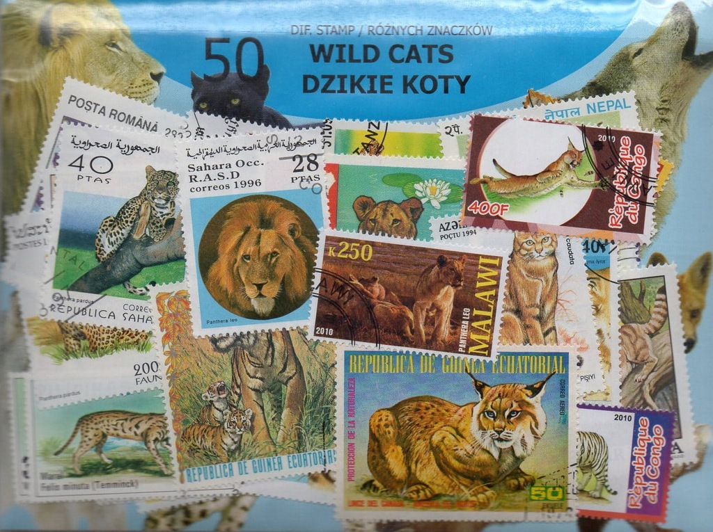 Pakiet 50 znaczków pocztowych - DZIKIE KOTY