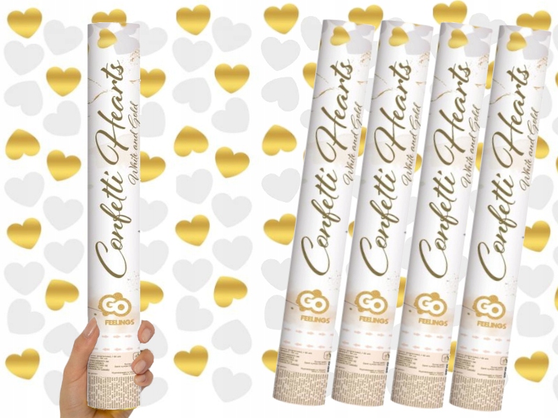 TUBY STRZELAJĄCE KONFETTI SERCA BIAŁE ZŁOTE NA ŚLUB ROCZNICĘ ZARĘCZYNY 40cm