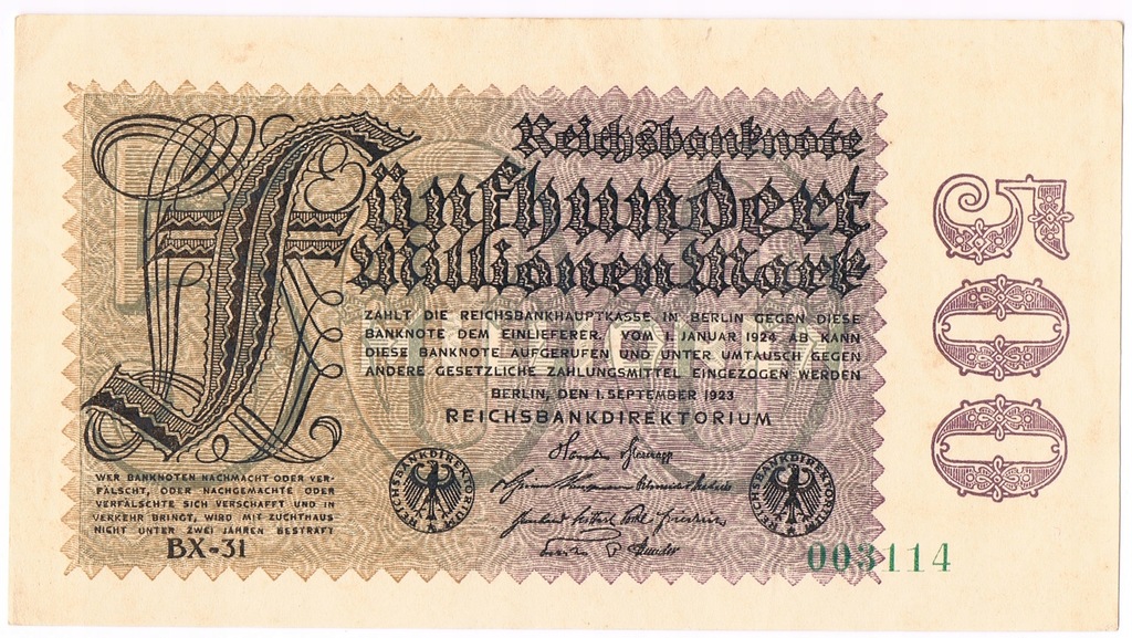 500 Milionów Marek, Reichsmark 1923, P/110h, piękny stan