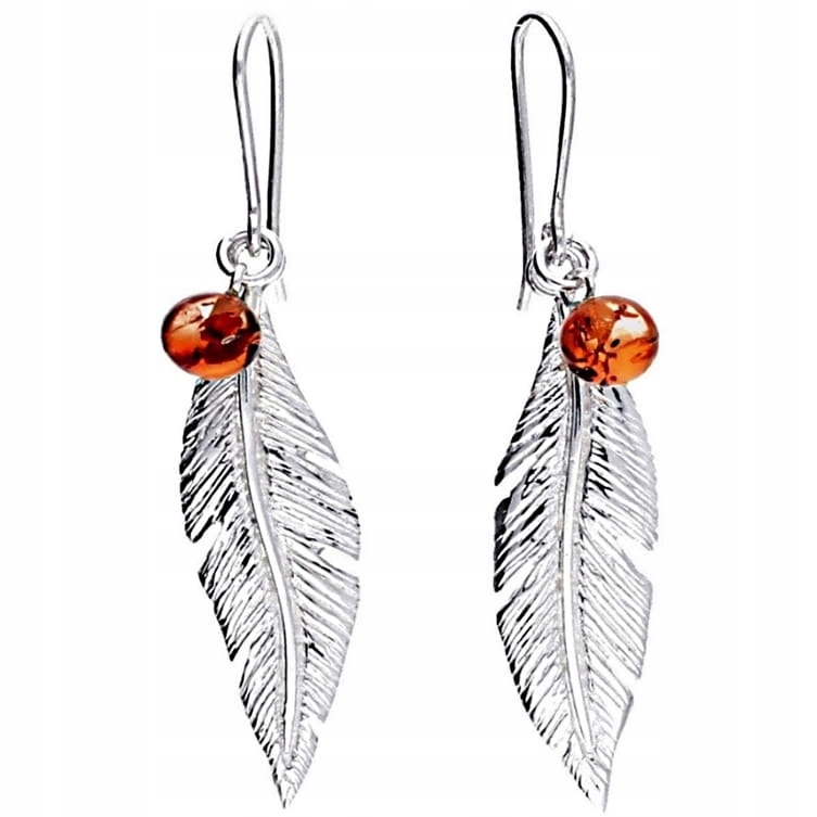 Boho kolczyki piórka z bursztynem