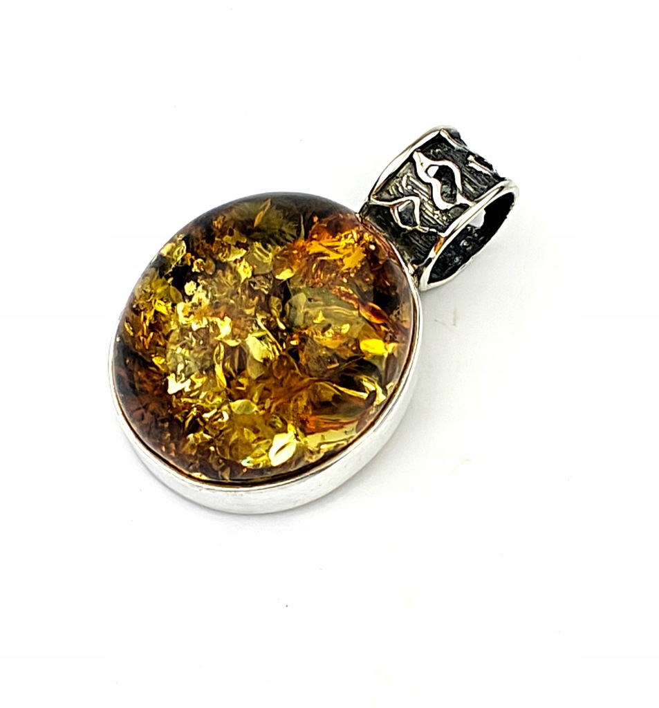 OWALNY KONIAKOWY WISIOR PRZYWIESZKA BURSZTYN BAŁTYCKI SREBRO