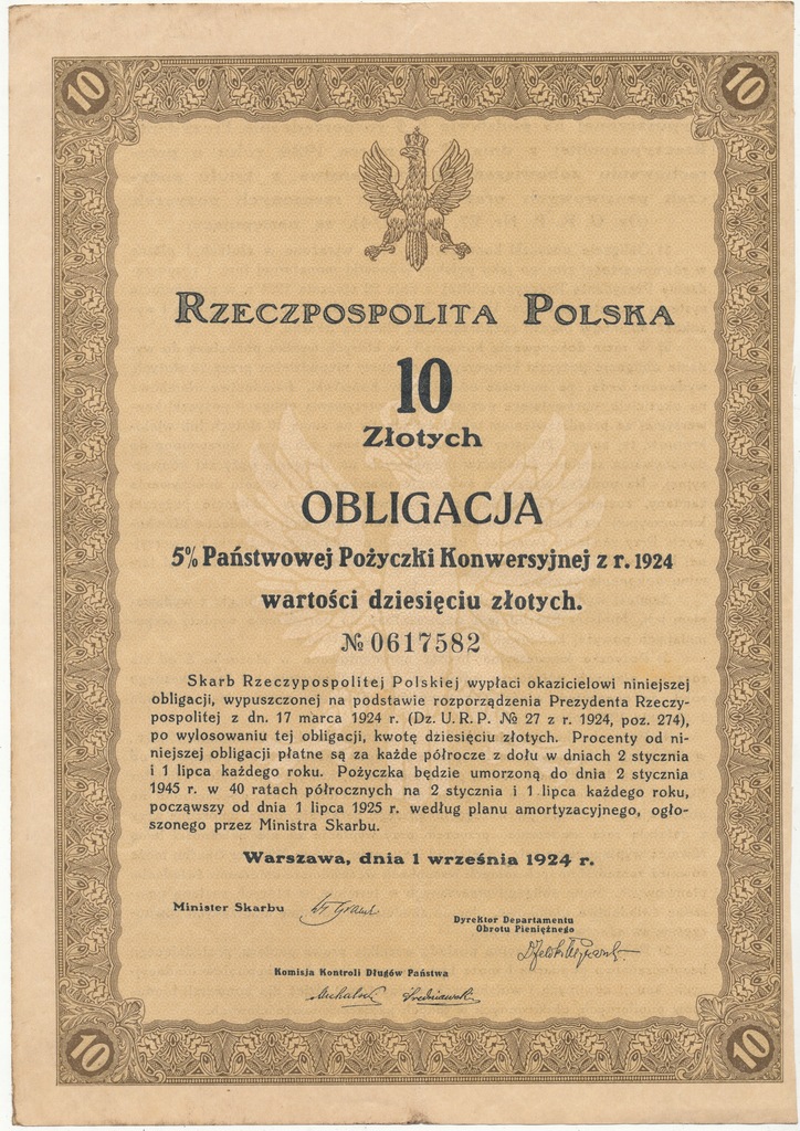 Obligacja 10 zł Warszawa 1 września 1924 r + Kupon