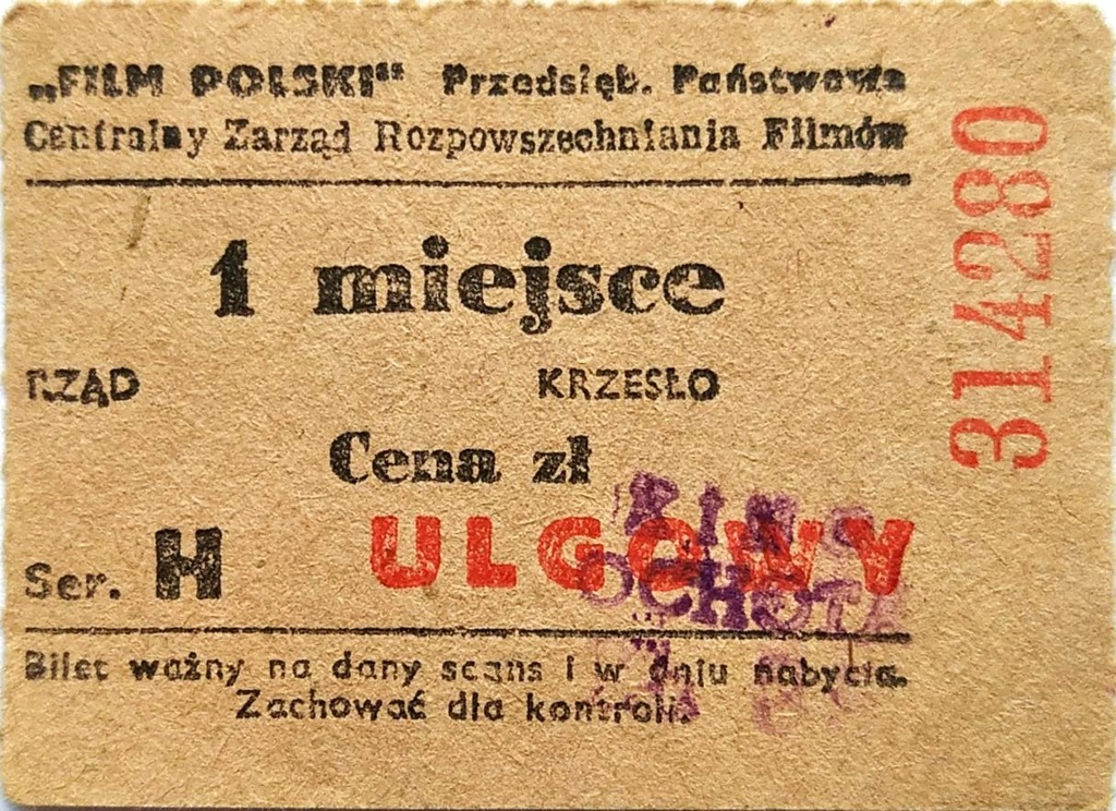 FILM POLSKI-BILET DO KINA WARSZAWA 1949