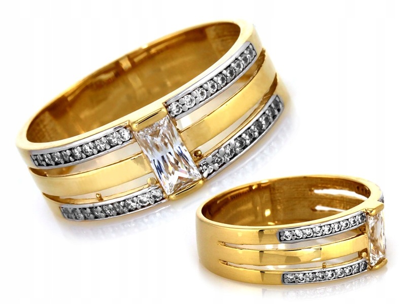 Złota pierścionek obrączka z cyrkoniami dwa kolory złota r22