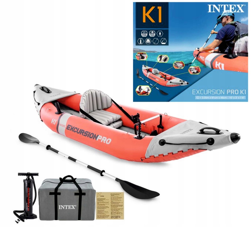 Kajak ZESTAW Excursion PRO K1 1os. POMPKA WIOSŁA TORBA Intex MODEL 2025