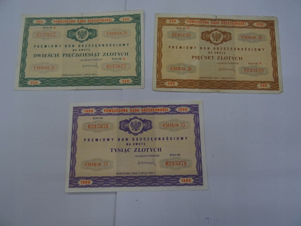Premiowy Bon Oszczędnościowy 250, 500 i 1000 zł z 1971 roku