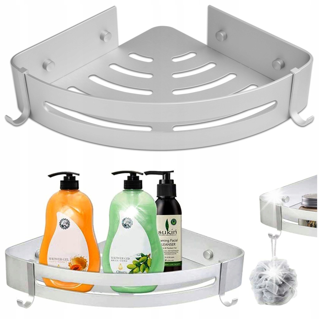 PÓŁKA NAROŻNA ŁAZIENKOWA HACZYKI POD PRYSZNIC ALUMINIOWA NA KOŁKI REGAŁ