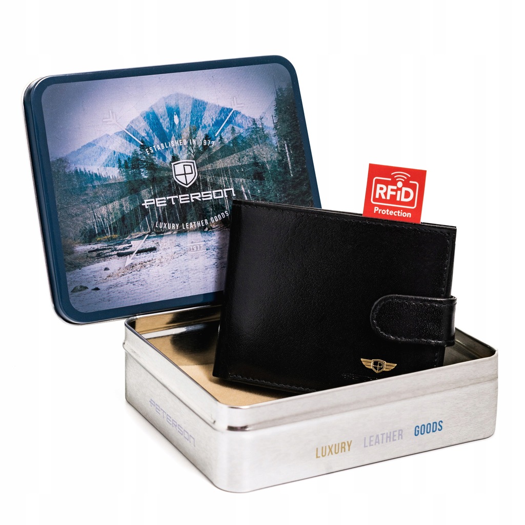 PETERSON mały portfel męski na zatrzask skóra naturalna RFID STOP