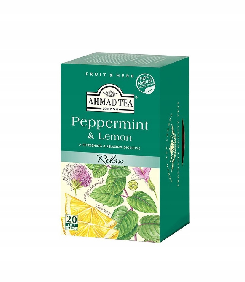 Herbata ziołowa MIĘTA Z CYTRYNĄ Ahmad 20 torebek zapakowanych oddzielnie