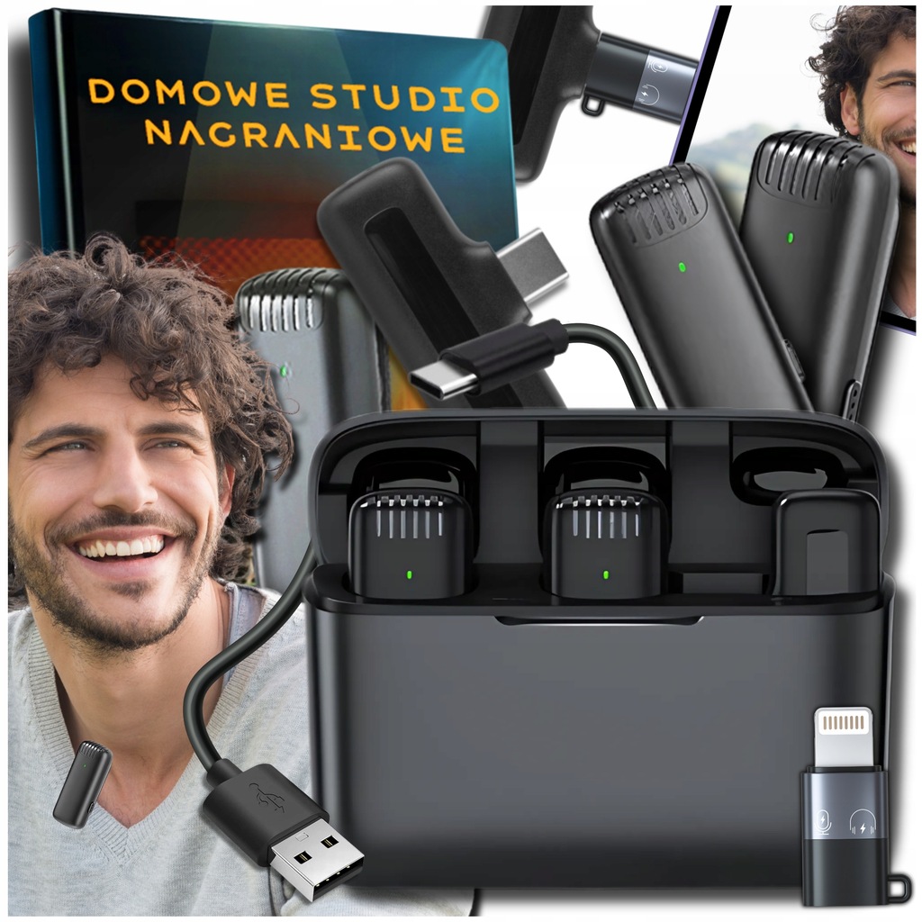 Mikrofon Krawatowy Bezprzewodowy do Telefonu z case ładującym zestaw 2 mikr