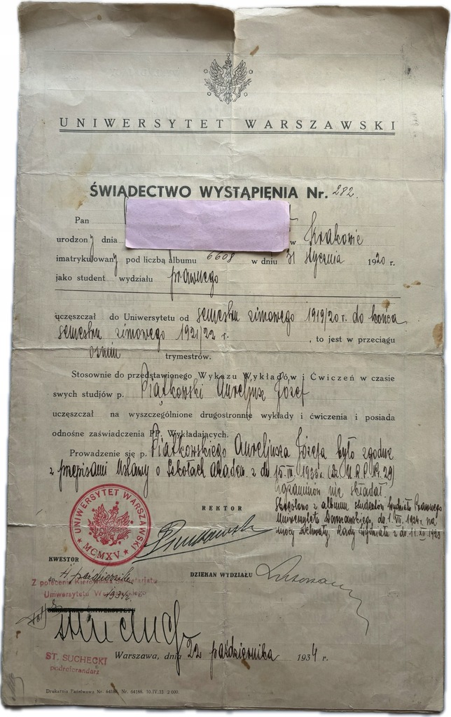 WARSZAWA UNIWERSYTET ŚWAIDECTWO WYSTĄPIENIA 1934 PRAWO
