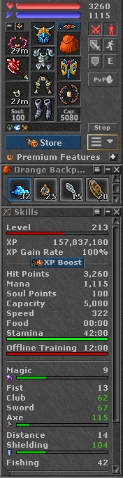 TIBIA 213 EK + 115/104 + QUESTY + CELESTA + EQ + FREE RK