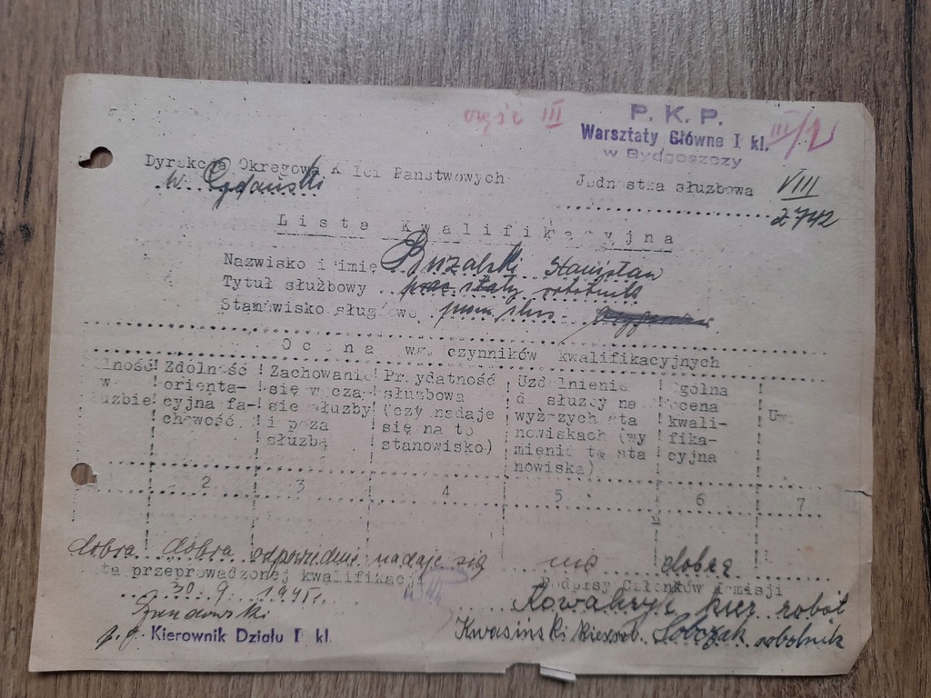 Lista kwalifikacyjna Bydgoszcz 1945 rok