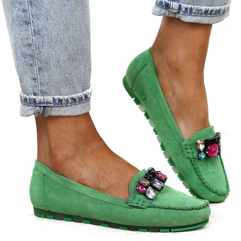 Купить Зеленые женские замшевые мокасины с камнями, GS33, размер 38: отзывы, фото, характеристики в интерне-магазине Aredi.ru