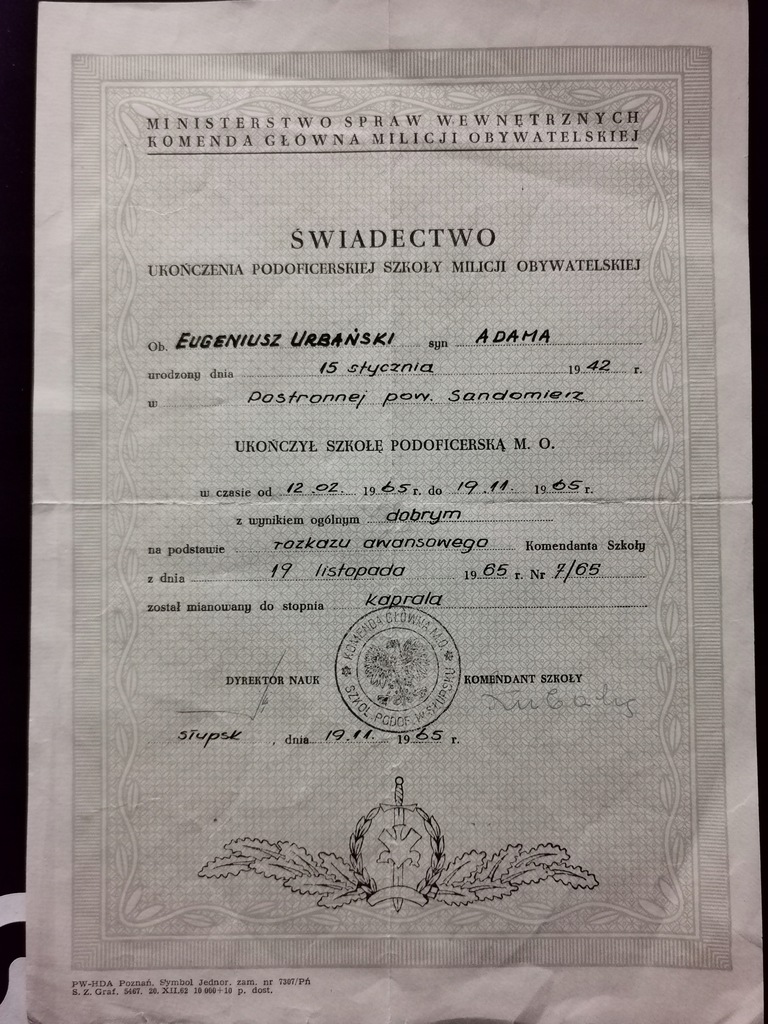 Milicja Obywatelska MO Świadectwo Szkoła Podoficerska Słupsk 1965