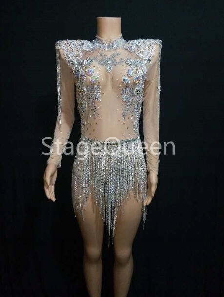 Fashion Shining Big Crystals Mesh Bodysuit Sparkly