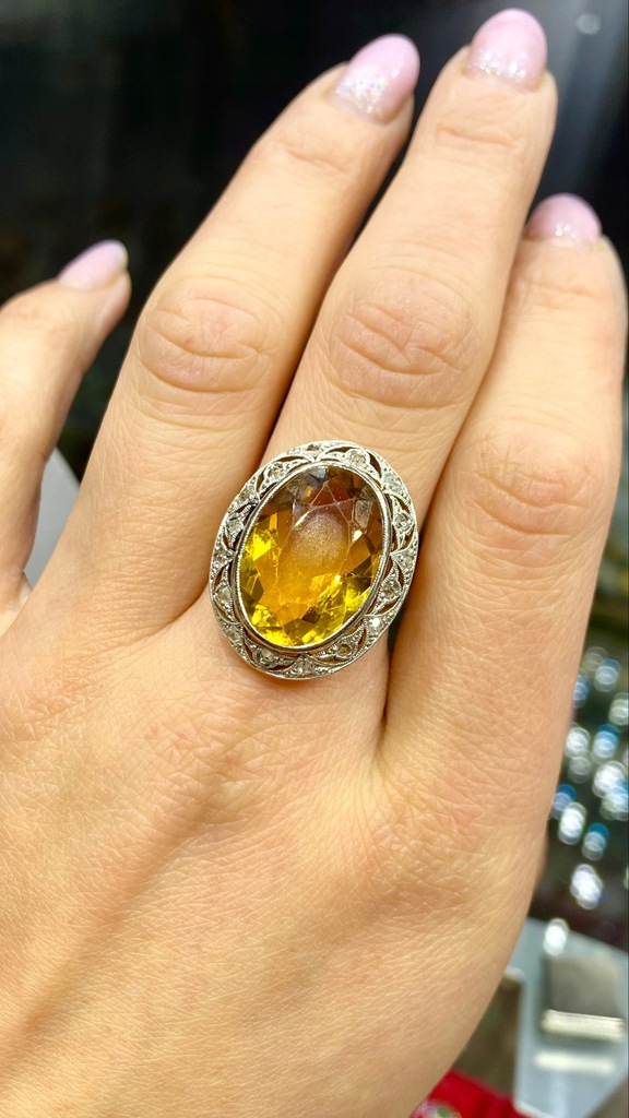 Złoty pierścień art deco cytryn 12,70 ct diamenty duży markiza