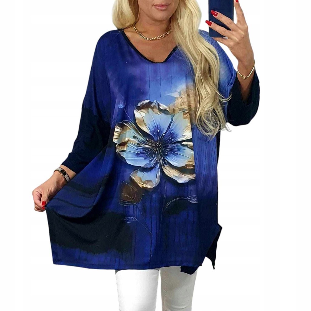 Tunika Wiskoza Rękaw 3/4 Luźna Bluzka fiolet złoty kwiat 50 52 5XL 6XL