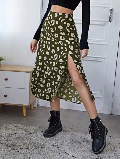 SHEIN SPÓDNICA MIDI ZIELONA W PANTERKĘ PROSTA L 678