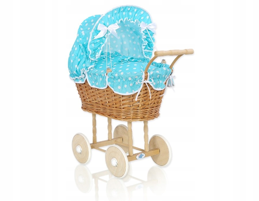 Wiklinowy wózek dla lalek wysoki z turkusową pości