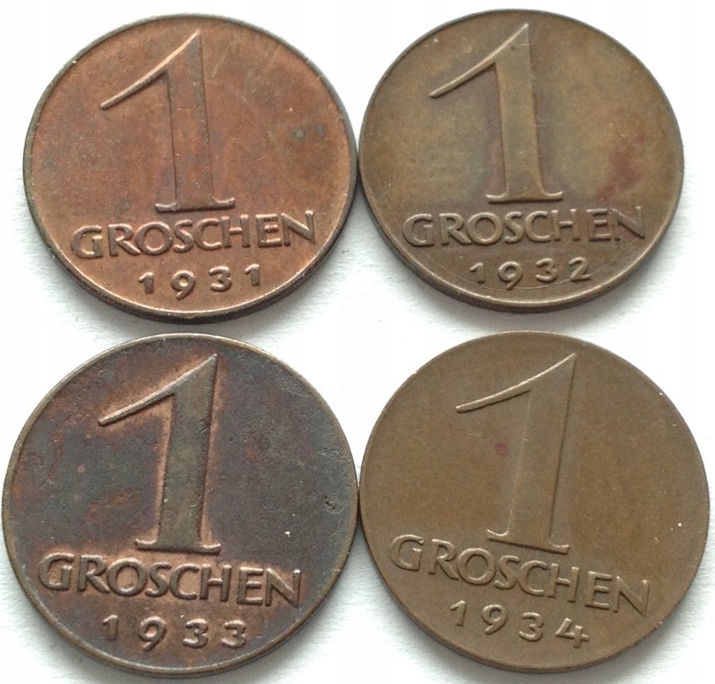 Austria 1 grosz 1931 1932 1933 1934 (4szt)