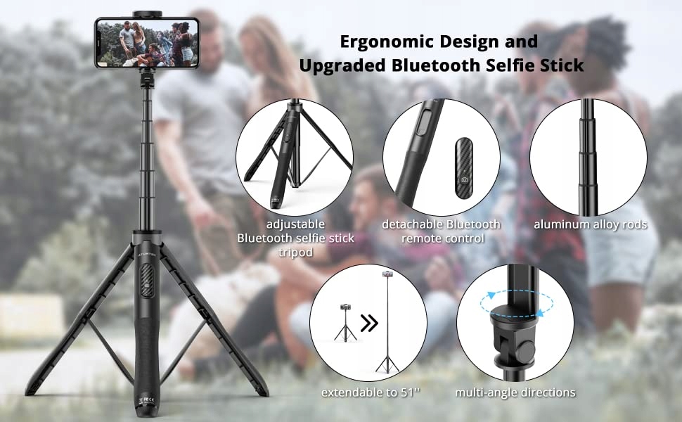 NEW ATUMTEK Extendable 31” 3 in 1 Aluminum Bluetooth Selfie Stick Pro  ATSS002