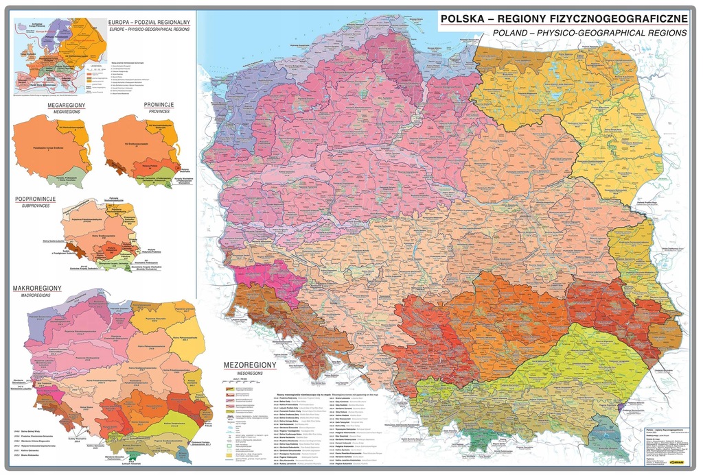 Polska fizycznogeograficzna mapa ścienna wpinana