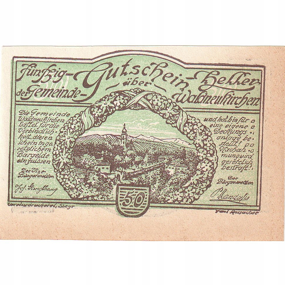 Banknot, Austria, Waldneukirchen, 50 Heller, paysa