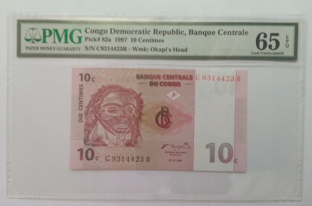 Kongo Dem R 10 Centime 1997 PMG grading 65 UNC EPQ