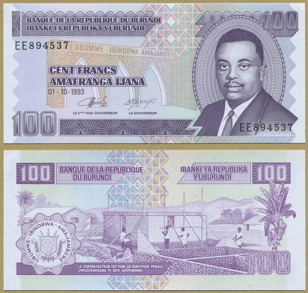 -- BURUNDI 100 FRANCS 1993 EE P37a UNC