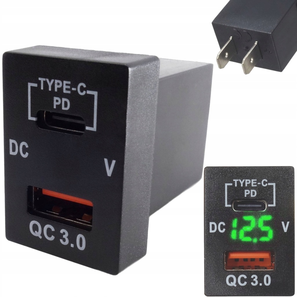 ŁADOWARKA SAMOCHODOWA MONTAŻOWA USB 12V-24V QC3.0 PD ZIELONY WOLTOMIERZ