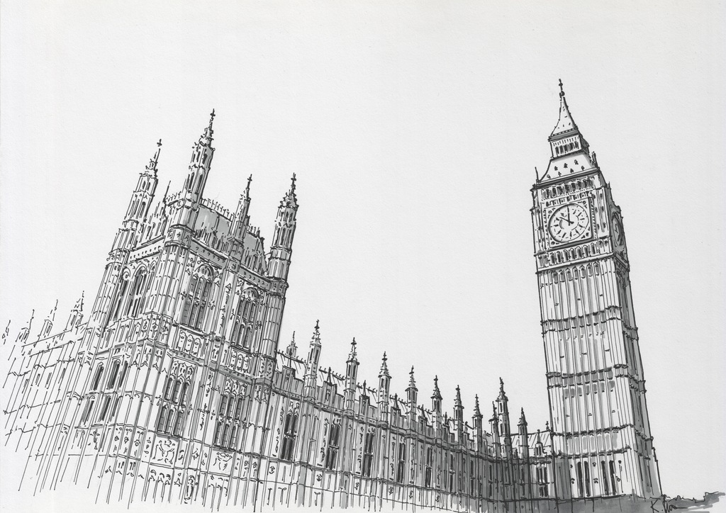 Rysunek Architektoniczny Odręczny Big Ben Londyn A3 Oryginał