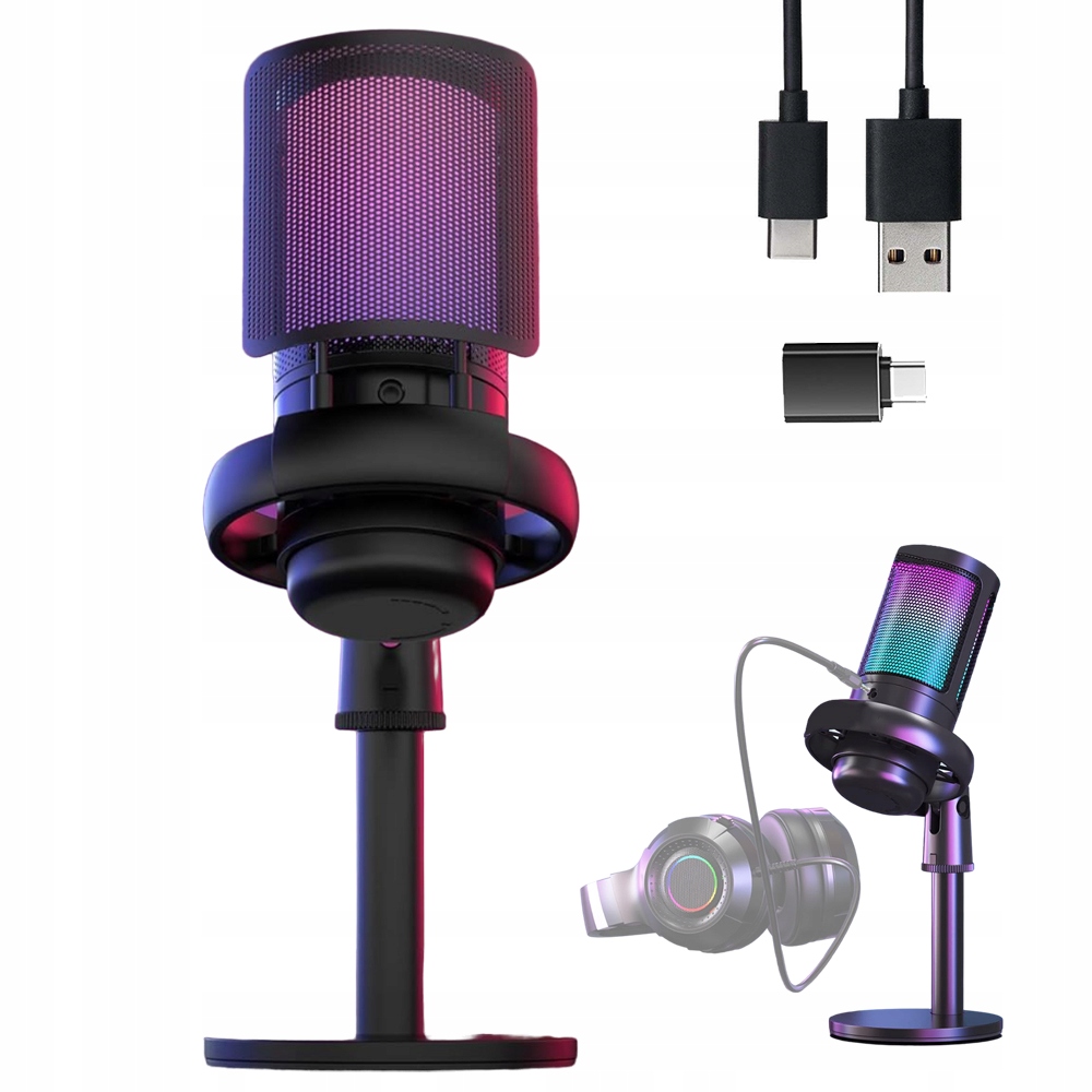 Mikrofon do Komputera Pojemnościowy GAMINGOWY Studyjny KARAOKE RGB USB