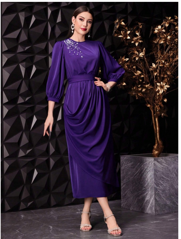 SHEIN SUKIENKA MIDI FIOLETOWA RĘKAW 3/4 KORALIKI L 248