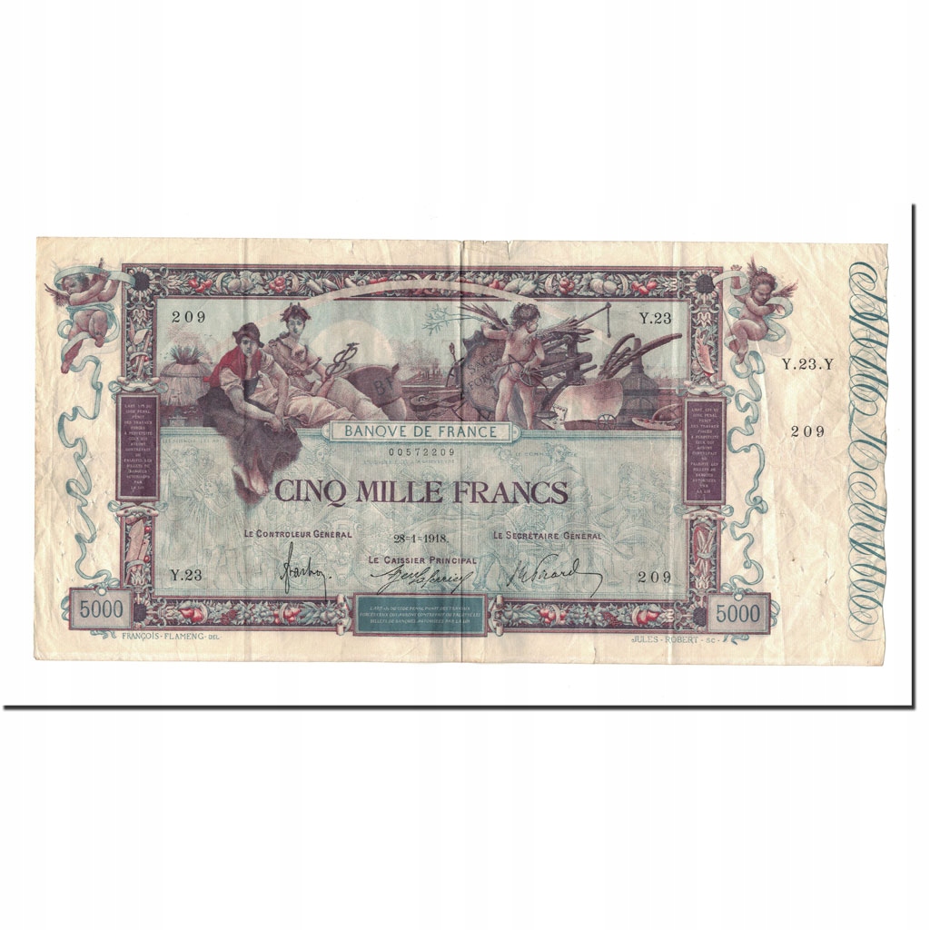 Francja, 5000 Francs, Flameng, 1918, 1918-01-28, V