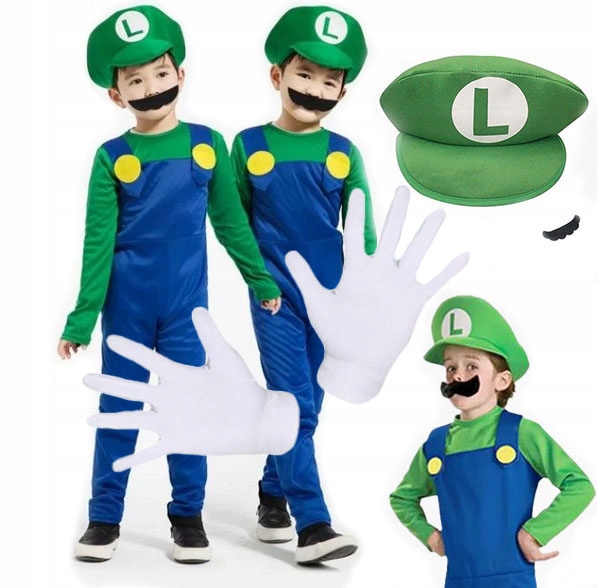 STRÓJ KOSTIUM LUIGI 104 110 SUPER MARIO PRZEBRANIE CZAPKA WĄSY rękawiczki