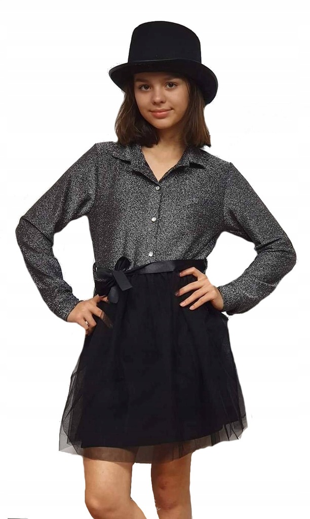 Sukienka koszulowa srebrno-czarna tiul 110-116 6