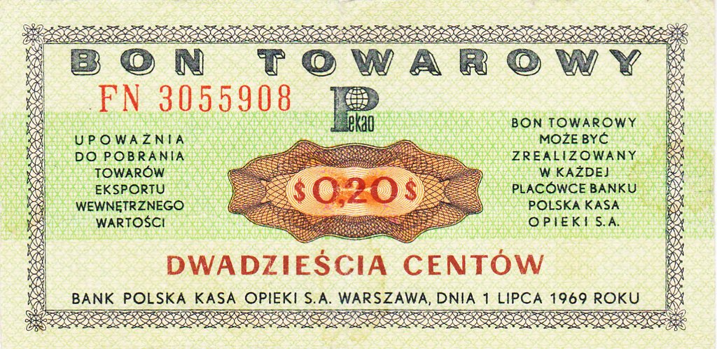 POLSKI BON TOWAROWY - 20 CENTÓW - 1969 rok PB19