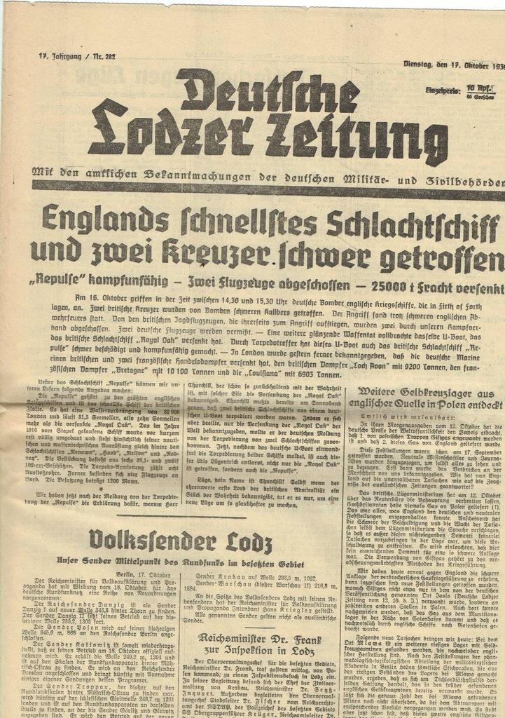 Deutsche Lodzer Zeitung 17 X 1939 Łódż