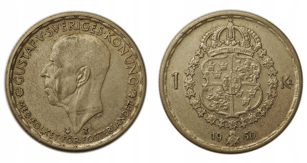 Szwecja, 1 Korona 1950, Gustaf V, srebro