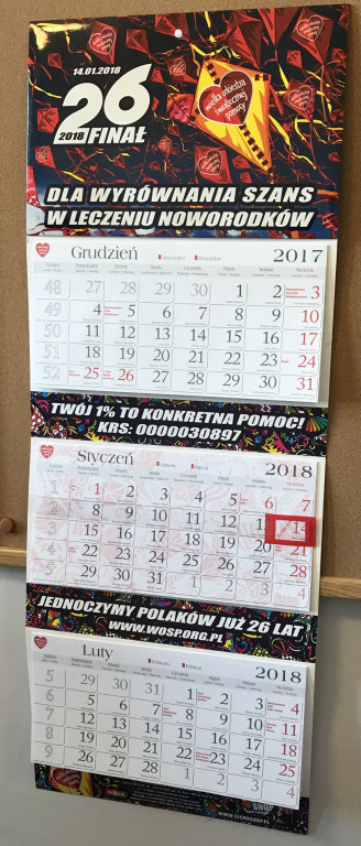 Oryginalny kalendarz trójdzielny WOŚP 2018 rok /2/