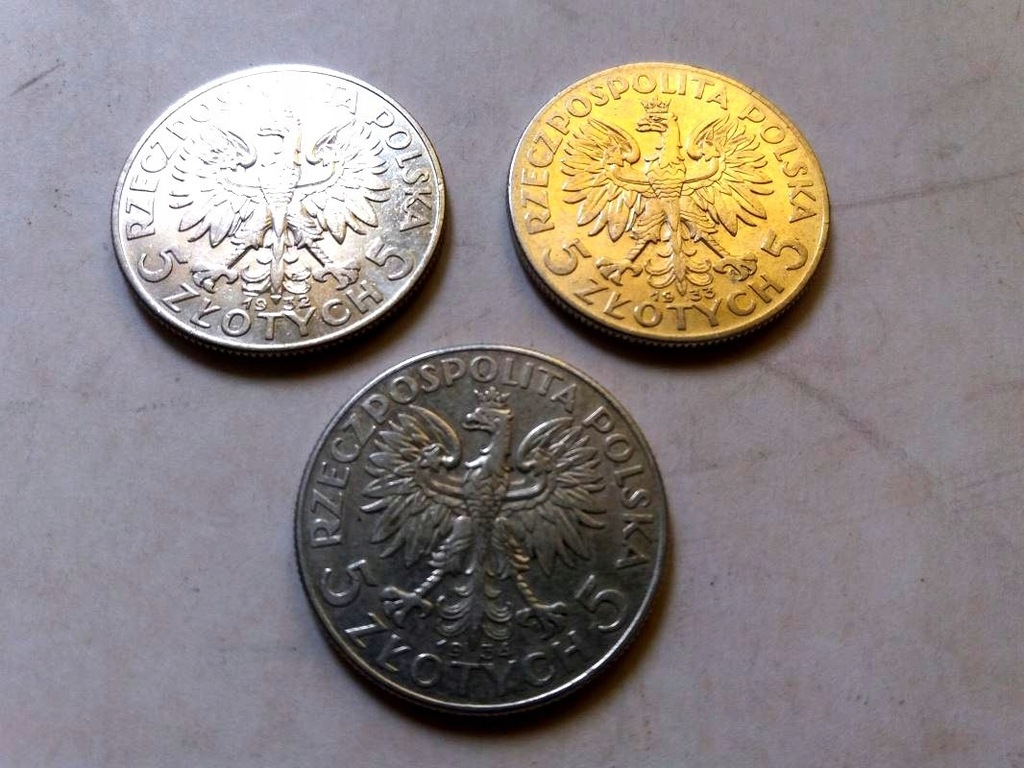 3 monety 5 zł głowa kobiety 1932, 33 i 34